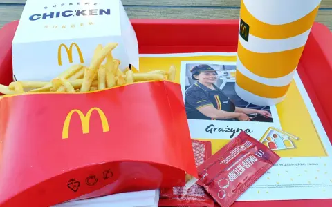 Duże frytki McDonald's w czerwonym opakowaniu, obok pudełka z burgerem i kubka z napojem.