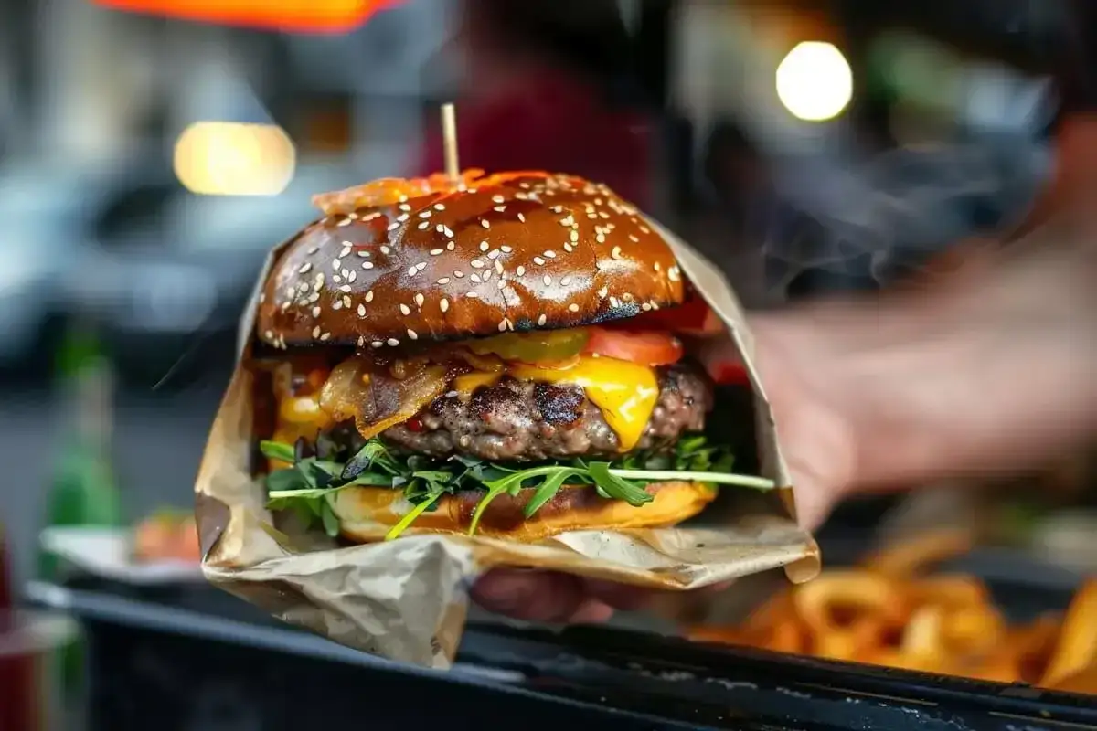 burger z dodatkami, st&oacute;ł pełen jedzenia